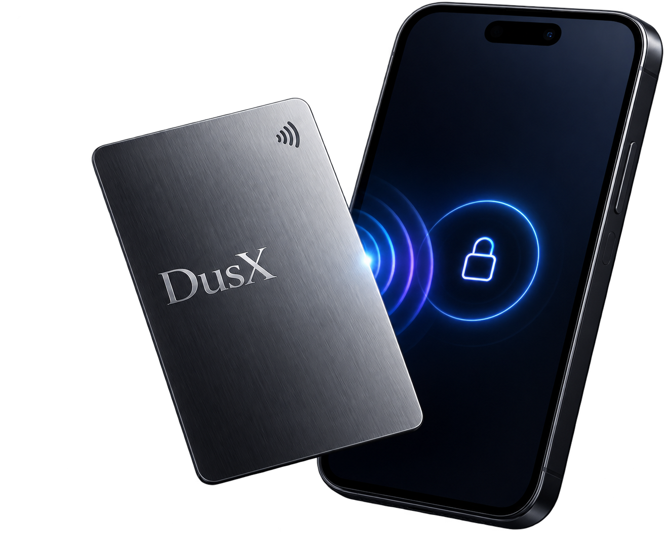 A brushed steel DusX card held beside an iPhone showing an unlock prompt.